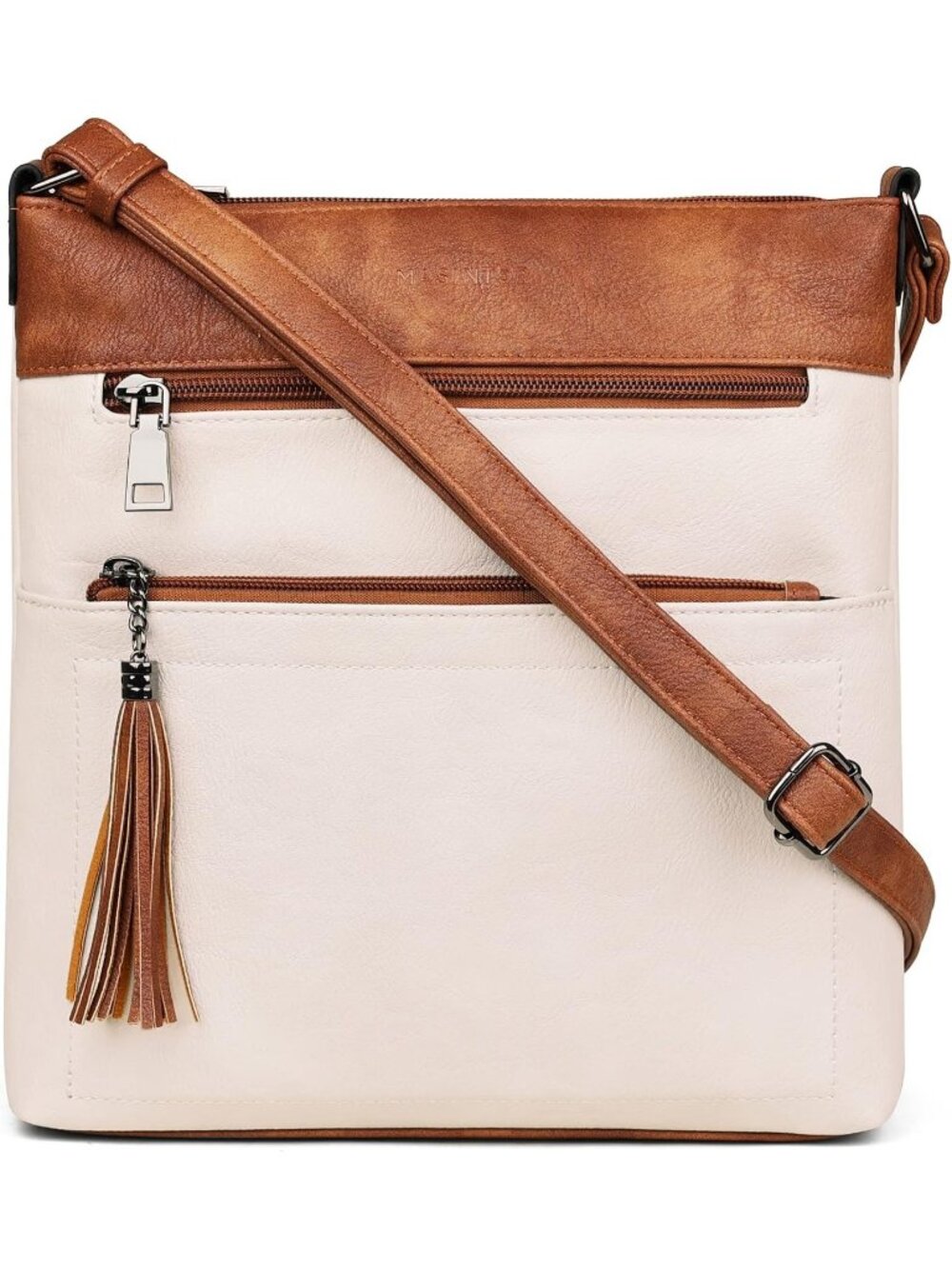 Women's Beige Multi Pocket Crossbody Bag Trendy Tassel With Adjustable Strap